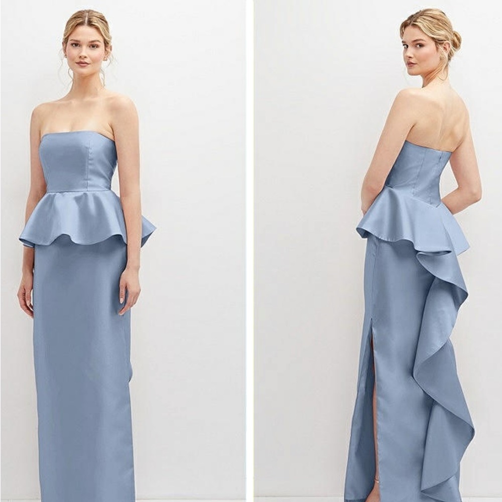 ALFRED SUNG Strapless Peplum Gown in Dusty Blue